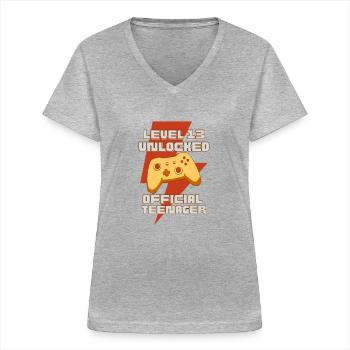 Level 13 Unlocked Official Teenager Funny - Women's V-neck T-shirt - sports grey - Front - Lela (165cm)