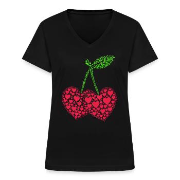 Kirsche Kirschen Früchte Essen - Frauen-T-Shirt mit V-Ausschnitt - Schwarz - Vorne - Lela (165cm)