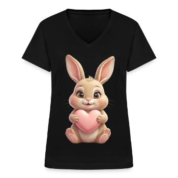 Kuschelhase mit rosa Herz - Frauen-T-Shirt mit V-Ausschnitt - Schwarz - Vorne - Lela (165cm)