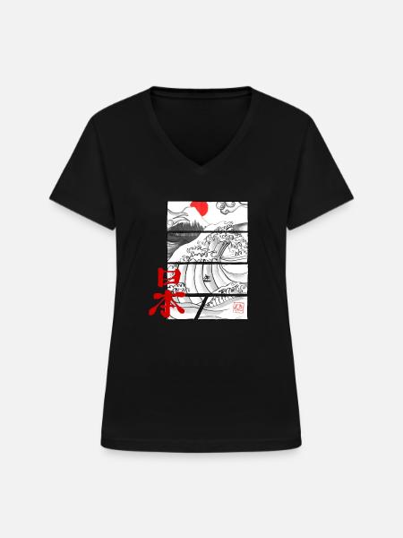 Japan-Welle - Frauen-T-Shirt mit V-Ausschnitt - Schwarz