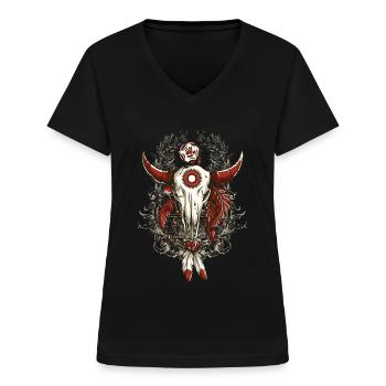 Indianer Totem Kuh Totenkopf - Frauen-T-Shirt mit V-Ausschnitt - Schwarz - Vorne - Lela (165cm)