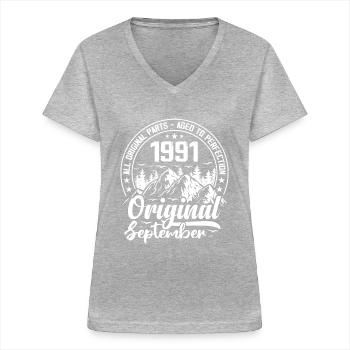 septembre 1991 Original:33 Ans Cadeau Anniversaire - T-shirt col V Femme - gris chiné - Devant - Lela (165cm)