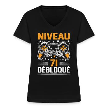 Niveau 71 débloqué / Anniversaire 71 ans gamer - T-shirt col V Femme - noir - Devant - Lela (165cm)