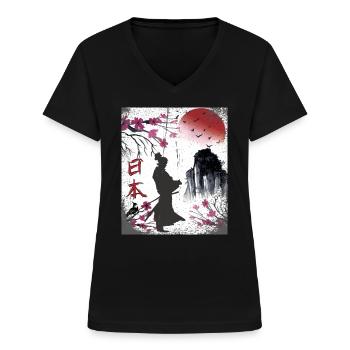 Japon Art japonais Samurai Design - T-shirt col V Femme - noir - Devant - Lela (165cm)