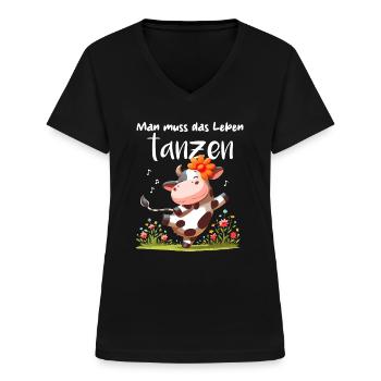 Kuh Tanzen Lebensfreude Blumen Landwirt lustig - Frauen-T-Shirt mit V-Ausschnitt - Schwarz - Vorne - Lela (165cm)