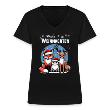Fuchs Hase und Hirsch wünschen Frohe Weihnachten - Frauen-T-Shirt mit V-Ausschnitt - Schwarz - Vorne - Lela (165cm)