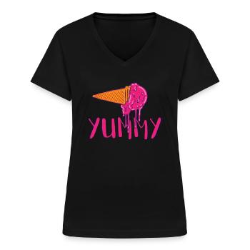 Yummy | lecker | Eis | Sommer | Eis essen - Frauen-T-Shirt mit V-Ausschnitt - Schwarz - Vorne - Lela (165cm)