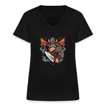 Wikinger Nordmann: Elegantes nordisches Design - Frauen-T-Shirt mit V-Ausschnitt - Schwarz - Vorne - Lela (165cm)