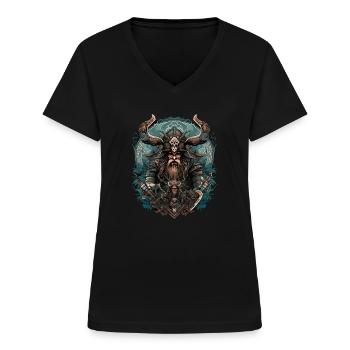 Wikinger Nordmann: Elegantes nordisches Design - Frauen-T-Shirt mit V-Ausschnitt - Schwarz - Vorne - Lela (165cm)
