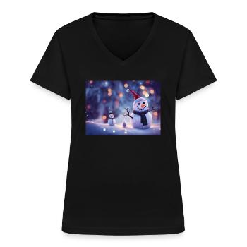 Happy Christmas Snowman - Women's V-neck T-shirt - black - Front - Lela (165cm)