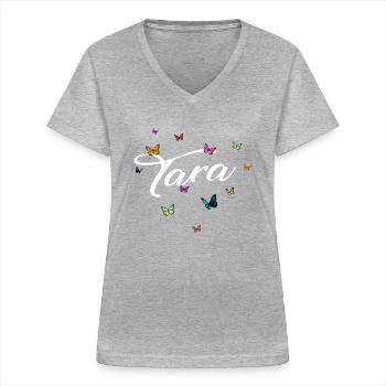 TARA - Nom de fille avec des papillons colorés - T-shirt col V Femme - gris chiné - Devant - Lela (165cm)