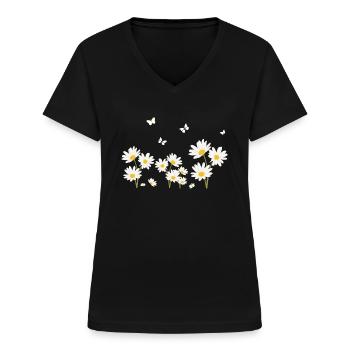 Blumen, Gänseblümchen und Schmetterlinge - Frauen-T-Shirt mit V-Ausschnitt - Schwarz - Vorne - Lela (165cm)