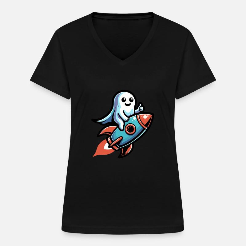 Halloween Geist Auf Einer Rakete - Frauen-T-Shirt mit V-Ausschnitt - Schwarz