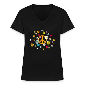 Peace-Zeichen Blumen Herz Blumenkind Valentinstag - Frauen-T-Shirt mit V-Ausschnitt - Schwarz - Vorne - Lela (165cm)