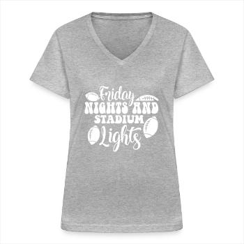 Vendredis soirs et lumières du stade - Football - T-shirt col V Femme - gris chiné - Devant - Lela (165cm)