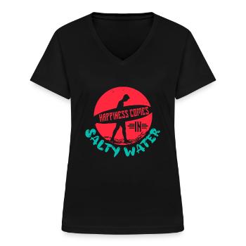 LE BONHEUR VIENT DE L’EAU SALÉE - T-shirt col V Femme - noir - Devant - Lela (165cm)