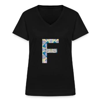 Lettre F en mandala - T-shirt col V Femme - noir - Devant - Lela (165cm)