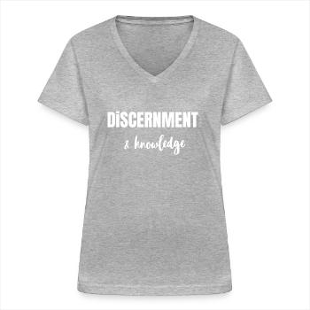 Discernement et Connaissance - Phi/1:9 - T-shirt col V Femme - gris chiné - Devant - Lela (165cm)