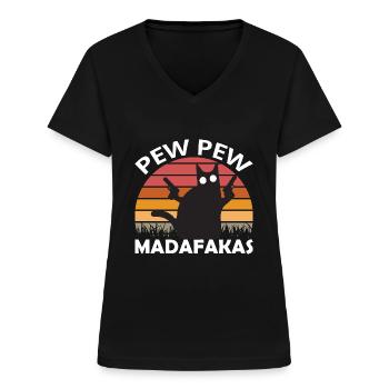 Pew Pew Funny Cat - Frauen-T-Shirt mit V-Ausschnitt - Schwarz - Vorne - Lela (165cm)