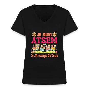 je suis atsem je m occupe de tout 2 - T-shirt col V Femme - noir - Devant - Lela (165cm)