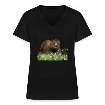Ours dans la prairie de fleurs - T-shirt col V Femme - noir - Devant - Lela (165cm)