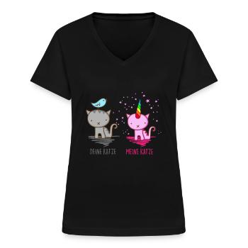 Deine Katze vs. Meine Katze - Frauen-T-Shirt mit V-Ausschnitt - Schwarz - Vorne - Lela (165cm)