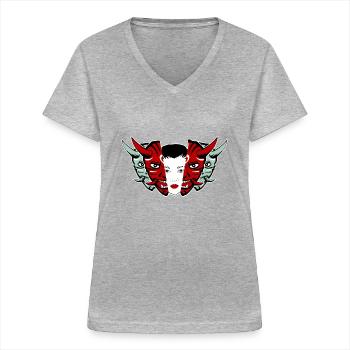 Masques japonais Oni - T-shirt col V Femme - gris chiné - Devant - Lela (165cm)