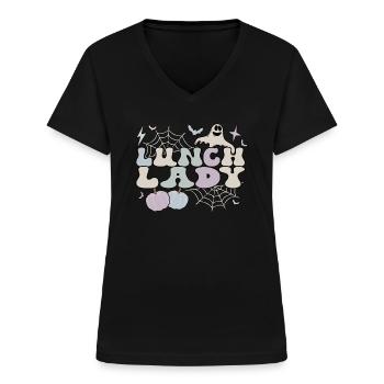 Lunch Lady Halloween School Cafeteria Lady Worker - Women's V-neck T-shirt - black - Front - Lela (165cm)