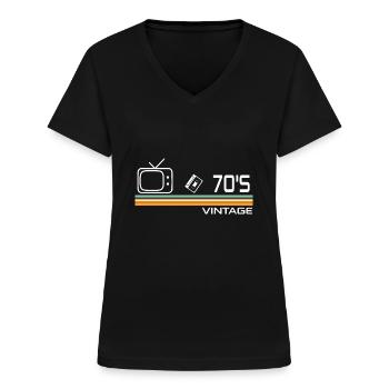 70er Jahre - Frauen-T-Shirt mit V-Ausschnitt - Schwarz - Vorne - Lela (165cm)