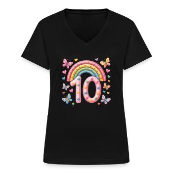 Regenbogen Schmetterling 10. Geburtstag Mädchen - Frauen-T-Shirt mit V-Ausschnitt - Schwarz - Vorne - Lela (165cm)