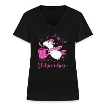 Einhorn Glühweinhorn Ho Ho Horn Spruch Weihnachten - Frauen-T-Shirt mit V-Ausschnitt - Schwarz - Vorne - Lela (165cm)