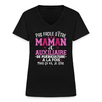 Maman Auxiliaire Puériculture Puéricultrice Métier - T-shirt col V Femme - noir - Devant - Lela (165cm)