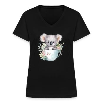 Koala souriant avec des fleurs dans une tasse - T-shirt col V Femme - noir - Devant - Lela (165cm)