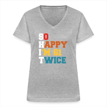 61 Ans Drôle - Humour Anniversaire 61 ans Cadeau - T-shirt col V Femme - gris chiné - Devant - Lela (165cm)