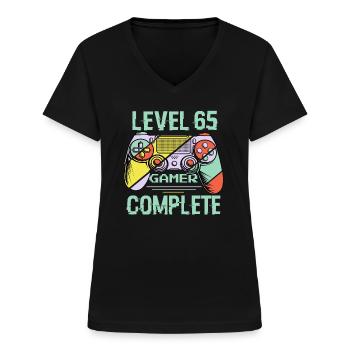Level 65 Complete 65 Years Gamer Level 65 Complete - Women's V-neck T-shirt - black - Front - Lela (165cm)