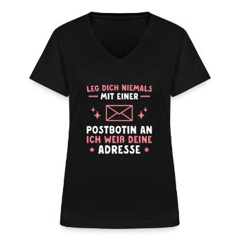 Post Humor Paketdienst Postbotin - Frauen-T-Shirt mit V-Ausschnitt - Schwarz - Vorne - Lela (165cm)