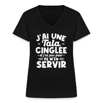 J ai une tata cinglée - T-shirt col V Femme - noir - Devant - Lela (165cm)