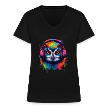 Uil Nachtbraker Techno Party Dier DJ - Vrouwen T-shirt met V-hals - zwart - Voor - Lela (165cm)