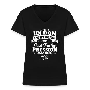 Homme Portugais boit la pression bière apéro - T-shirt col V Femme - noir - Devant - Lela (165cm)