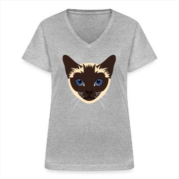Siamesischer Katzenkopf - Frauen-T-Shirt mit V-Ausschnitt - Grau meliert - Vorne - Lela (165cm)
