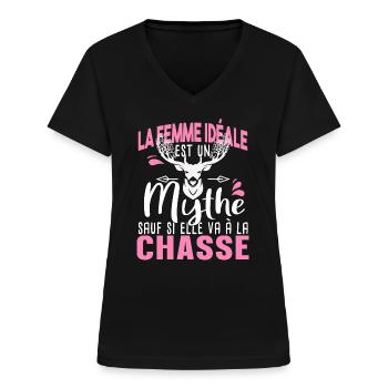 Chasse Chasseur Cerf Femme Cadeau Humour Sanglier - T-shirt col V Femme - noir - Devant - Lela (165cm)