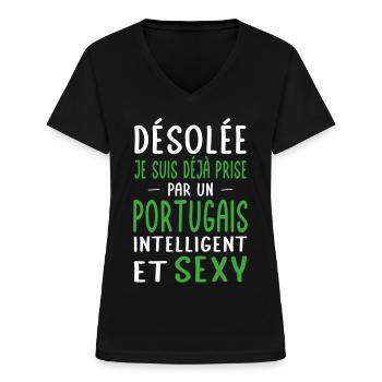 Désolée déjà prise par un Portugais sexy - T-shirt col V Femme - noir - Devant - Lela (165cm)