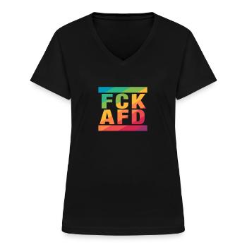 Die Welt ist bunt & soll es auch bleiben: FCK AFD! - Frauen-T-Shirt mit V-Ausschnitt - Schwarz - Vorne - Lela (165cm)