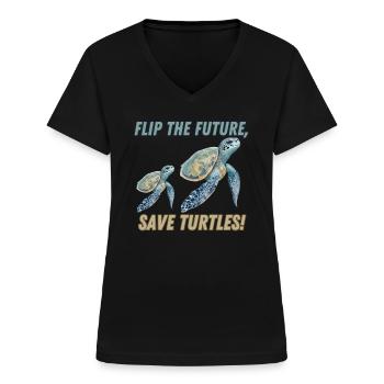 flip the future, save turtles! - T-shirt col V Femme - noir - Devant - Lela (165cm)