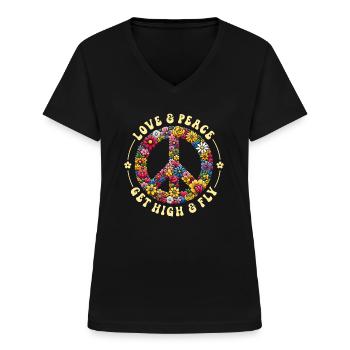 70er Jahre Flower Power Hippie Love Peace - Frauen-T-Shirt mit V-Ausschnitt - Schwarz - Vorne - Lela (165cm)