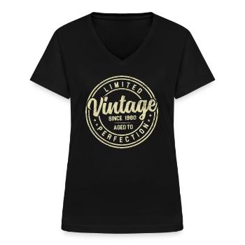 Vintage, 1980er, 1980er, Geburtstagsgeschenk - Frauen-T-Shirt mit V-Ausschnitt - Schwarz - Vorne - Lela (165cm)