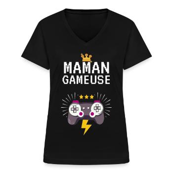 Maman gameuse - T-shirt col V Femme - noir - Devant - Lela (165cm)