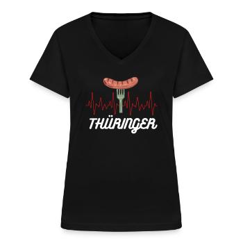 Thüringen Bratwurst Herzschlag Wurst Thüringer - Frauen-T-Shirt mit V-Ausschnitt - Schwarz - Vorne - Lela (165cm)