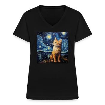 Katze, katzenmotiv, van gogh, sternennacht - Frauen-T-Shirt mit V-Ausschnitt - Schwarz - Vorne - Lela (165cm)