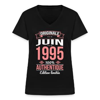 Anniversaire 30 ans - Originale - Juin 1995 - T-shirt col V Femme - noir - Devant - Lela (165cm)